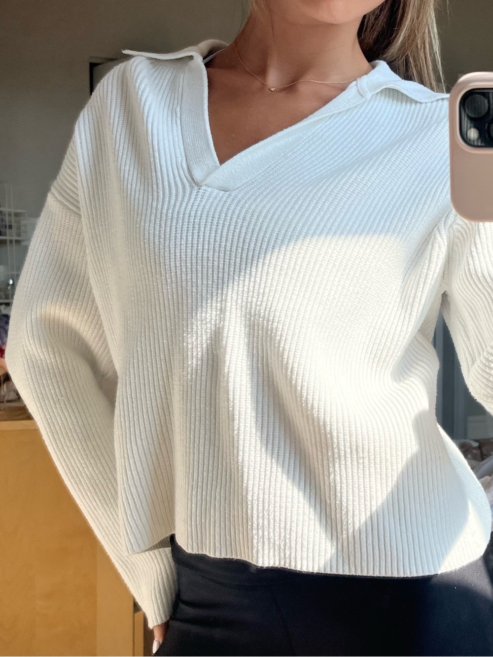 Mango Ribbed V-Neck Collared Sweater - White
